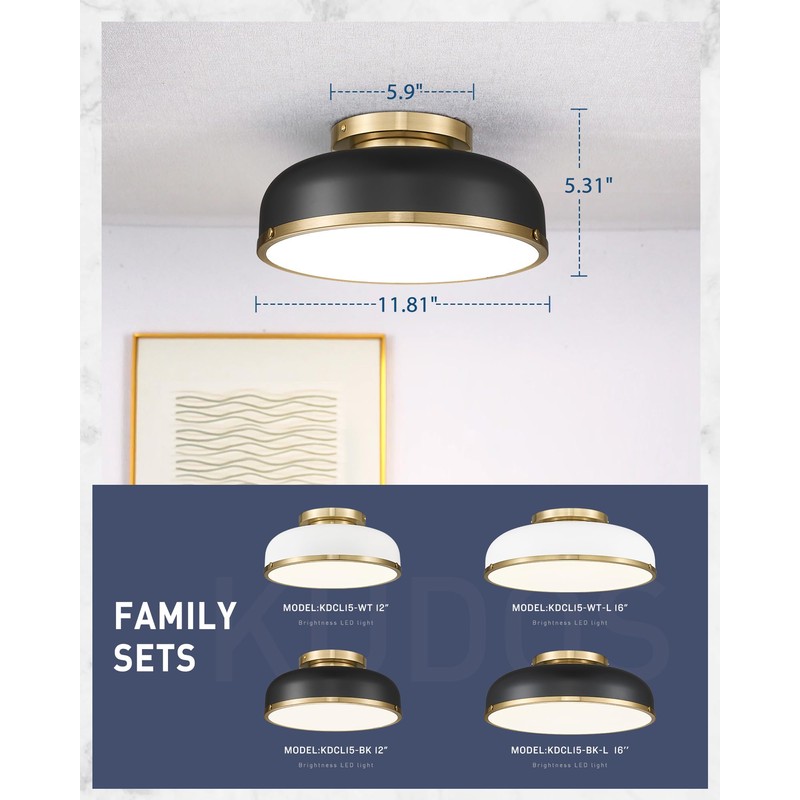 kudos Ceiling Light, 16-inch LED Flush Mount Ceiling Light, Black