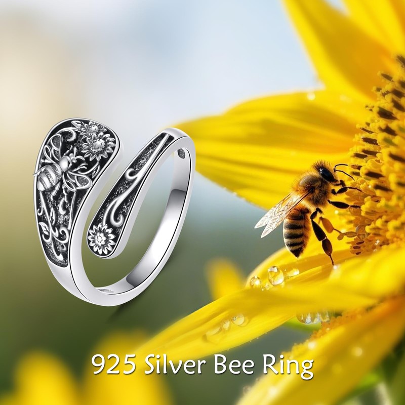 CUPENDA Bee Ring 925 Sterling Silver Sunflower Spoon Adjustable Vintage