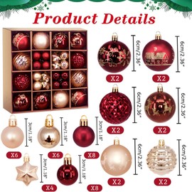 Christmas Baubles Red Rose Gold, 44 Pieces Christmas Tree Decoration, Hooks for Christmas Baubles Set, Christmas Baubles Plastic for Christmas Tree Decoration, Outdoor Christmas Decoration