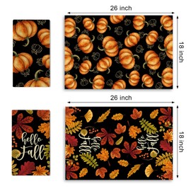 Croar Hello Fall Pumpkin Leaves Kitchen Dish Towels Set of 2, Black Autumn Maple Leaf Drying Hand Towel Baking Cooking Cloth, Seasonal Bathroom Home Decoration 18 x 26 Inches