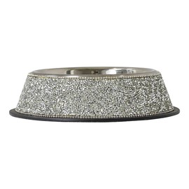 Luminous Pet Bowl, Sparkling Rhinestones on Stainless Steel, Non-Slip Base, for Food, Water, Treats, Silver, Medium, Sold Individually