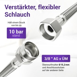 Viоks.pro Tap Hose 3/8 Inch (15.2 mm) Throw and Male Thread 200 cm & Connection Hose Fitting Water Hose Tap Hose Drinking Water Hose Flex Hose for Toilet Cistern Bathroom