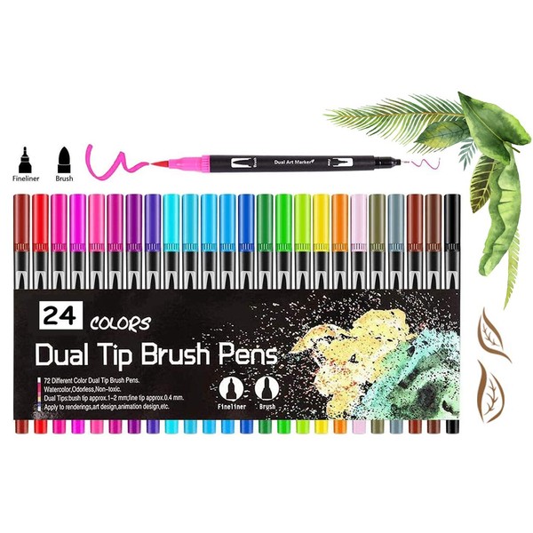 ARIEL-GXR Felt Tip Pens, 24 Colouring Pens, Dual Tip Brush Pens for Kids & Adults, Coloured Pens for Drawing, Drawing Pens for Coloring Books and Craft Doodling