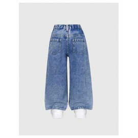 WDIRARA Toddler Girl's Cute Bow Graphic Baggy Jeans Elastic High Waist Wide Leg Denim Pants Medium Blue 6Y