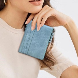 Contacts Soft Leather Wallet for Women Small Bifold Coin Purse Double Zipper Card Holder with RFID Blocking (Light Blue), Light Blue, Minimalism