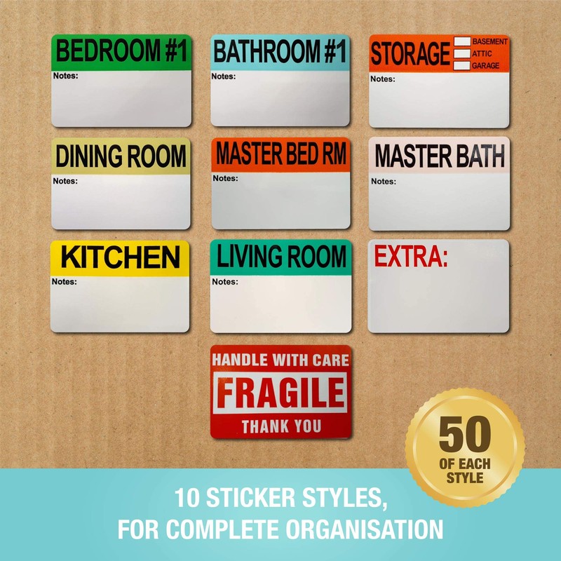 500 Moving Home Box Labels (50 Stickers Each) for Removals