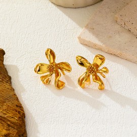 Sylph Women's 14K Gold Plated Flower Dangle Drop Earrings Chic Blossom Stud Earrings | Sterling Silver Posts | Statement Cute Floral Earrings Trendy Spring Jewelry for Women