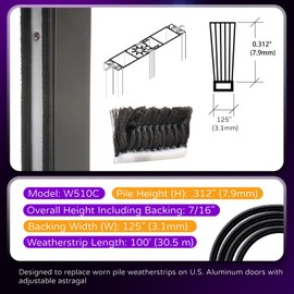 W510C .312" (7.9 mm) Adjustable Astragal Replacement Pile Weatherstrip 100FT Replace Worn Weatherstrip Pile on Adjustable Astragals Five Year Free Replacement