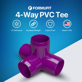 FORMUFIT 3/4" 4-Way PVC Tee Furniture Grade Fitting in Purple, 1.050" Actual ID, (Pack of 8), Made in USA, UV-Resistant, Impact-Proof, Quickly Construct Tiered Structures with PVC Pipe - F0344WT-PU-8