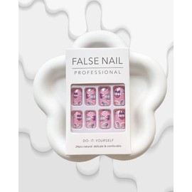 Easter Press on Nails Short Square Pink Fake Nails Full Cover False Nails with Easter Egg Designs Cute Glossy Acrylic Nails Artificial Nails for Kids Girls 24 Pcs