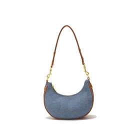 Small Vegan Leather Crescent Shoulder Bag for Women Zipper Underarm Small Purses Quilted Handbag with Denim Blue Pocket (Blue)