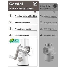 Geedel Rotary Cheese Grater Cheese Shredder with 5 Interchangeable Blades - Upgraded Rotary Grater Featuring Strong Suction Base for Cheese Shredding, Wavy Slicing, Nut Grinding, and Ice Shaving
