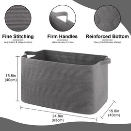 OIASKET Laundry Basket for Organizing, Extra Large Blanket Basket, Rope Storage Basket for Living Room, Woven Basket for Clothes, Pillows, Nursery Laundry Hampe, 22.8" x 22.8" x 13" Dark Grey