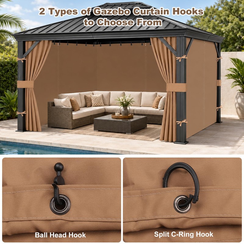 10x12 Gazebo Curtains, 4-Panels Gazebo Replacement Curtains with Zipper &