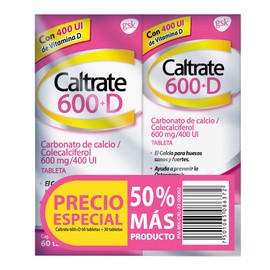 Caltrate Suplemento de Calcio 600 +D 600mg / 400 UI 2 Pack de 60 tabletas + 30 tabletas