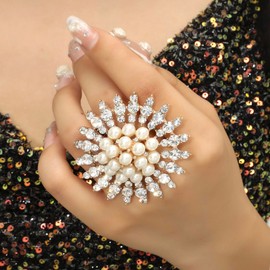 Boho CZ Flower Pearl Cluster Statement Rings for Women Cubir Zirconia Rhinestone Gold Plated Imitation Pearls Exaggerated Expandable Adjustable Open Band Engagement Rings Comfort Fit Elegant Wedding Birthday Jewelry Gift