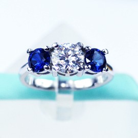 Three Stone 1Carat 6.5MM White Moissanite Blue Sapphire Side stones Engagement Ring (6.5)