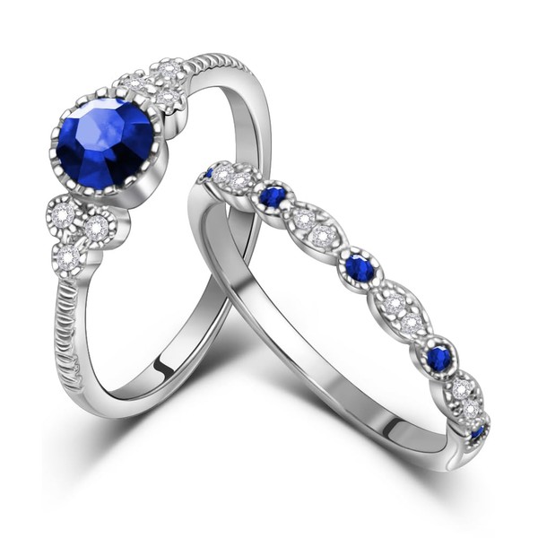Eastlily Created Round Cut Sapphire Wedding Rings Set For Women,