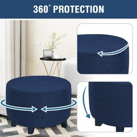 Abeibei Round Ottoman Covers, High Stretchy Ottoman Slipcover Protector for Footrest Foot Stool Furniture Soft Plush Velvet Ottoman Covers with Elastic Bottom (Navy, X-Large)