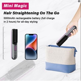 Pourcare Wireless Portable Rechargeable Heating Straightening Comb Three Temperature Settings Even Heat Distribution for Gentle Styling 60M Negative Ion Technology Achieve Silky Smooth Hair