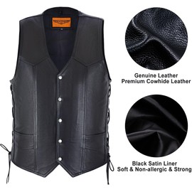 Dream Apparel Mens Leather Motorcycle Vest for Riding, Biker Vest Black Club Vest with 2 Concealed Carry Pockets and Side Laces, 5 Snap Front Plain Cowhide Leather Vest