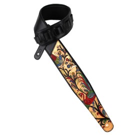 Walker And Williams KB-55-TN Handmade Heritage Series Guitar Strap With Traditional Peacock And Sparrow Design On Premium Tan Carved Leather For Acoustic, Electric, And Bass Guitars