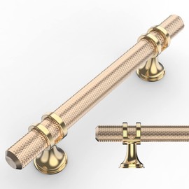 Amerdeco 10 Pack Knurled Gold Cabinet Pulls 5.9 Inch Length (3.75 Inch Hole Center) Brushed Brass Kitchen Cabinet Handles for Drawer Dresser, Cupboard and Wardrobe ZH0025