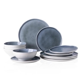 LERATIO Ceramic Dinnerware Sets for 4,Porcelain Plates and Bowls Sets with Wavy Edge,Microwave & Dishwasher & Oven Safe,Light Weight & Scratch Resistant Dishes Sets-Service for 4-Jean blue (12pcs)