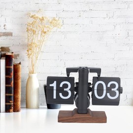 Bewinner Flip Desk Clock, Retro Vintage Design, Automatic Flip Desk Desk Clock, Internal Gear Operated Mechanical Flip Clock, 24 Hours Modern Digital (Black Shelf,