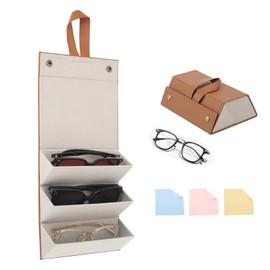 JRJRN Foldable Glasses Tray, 3 Slots, PU Leather, Foldable Sunglasses Box, Glasses Box, Pack of 3, Super Soft Cleaning Cloth, Sunglasses Organiser Case for Men and Women, Sunglasses organiser case