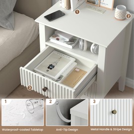 May in Color Fluted Nightstand Set of 2 with Charging Station, White End Table with 2 Silent Slide Drawers & Storage Shelf, Modern Side Table, Wood Night Stand Cabinet for Living Room, Bedroom