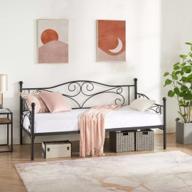 Vecelo Daybed Twin Size Bed Frame Sofa Platform Metal Slats Support w/Headboard - Black