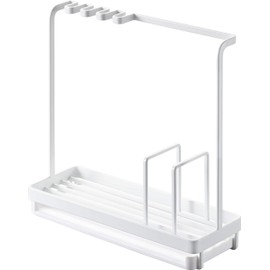 Yamazaki 4993 Sponge & Cleaning Tool Stand, White, Approx. W 9.8 x D 3.6 x H 9.6 inches (24.5 cm), Tower, Double-Sided Tray, Sponge Rack, Tool Hook