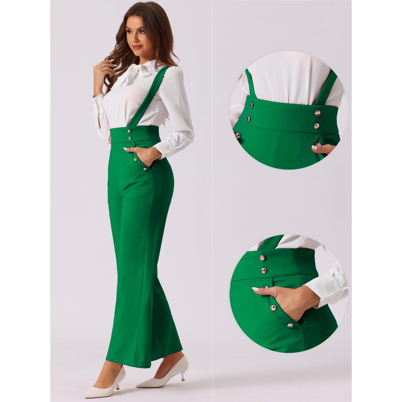 [Allegra K] Women's Suspender Jumpsuit Overalls Office Adjustable Straps Wide