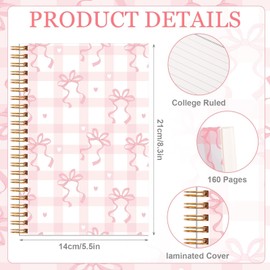 Sanixin 6 Pack Pink Bow Spiral Notebooks with Ballpoint Pens Coquette Bowknot Preppy Journal Pink College Ruled Notebooks Aesthetic Hardcover Spiral Notebook for Girls Women Office Supplies,5.6"x8.3"