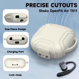 [Secure Lock] Case for Shokz OpenFit Air T511 Open-Ear Headphones, Silicone Anti-Slip Anti-Scratch Protective Cover for Shokz OpenFit Air T511 Case Earbuds Charging Case with Carabiner (White)