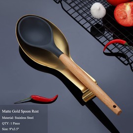 Matte Gold Spoon Rest, Stainless Steel Spoon Holder for Stove Top, Kitchen Utensils Holder for Ladles, Tongs, Spatula, Cooker Spoon Holder, Pot Lid Holder, Dishwasher Safe (1 Piece, 9.5 Inches)