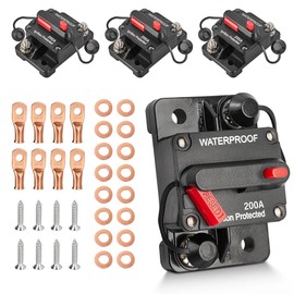 RED WOLF 4Pack 200 Amp Circuit Breaker Manual Reset Switch for Car Stereo Solar Power Systems Automotive ATV Marine Boat Trolling Motor Waterproof 12-48V DC 6AWG 1/4" Battery Wire Lug Ring Terminal