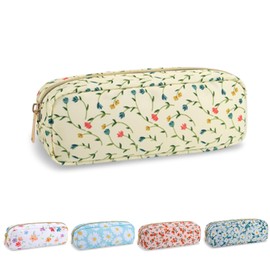 Estuche de maquillaje con diseño floral pequeño e impermeable, bolsa de maquillaje para bolso, bonita bolsa para lápices de flores, de nailon con cierre, estuche de almacenamiento portátil para niñas para la escuela (flores amarillas delgadas y claras)