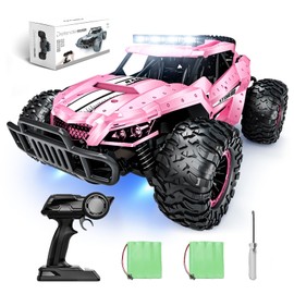 Tecnock RC Car 1/16 Scale Remote Control Car for Boys, High Speed 25 Km/h All Terrains Rc Monster Truck with Two Rechargeable Batteries & Head Chassis Lights Gift Toy for Kids Adults, Pink