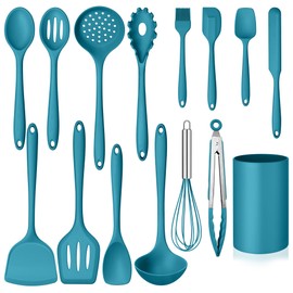 Homikit Silicone Cooking Utensils Set, 15-Piece Nonstick and Heat Resistant Kitchen Utensil Spatula Set with Holder, Kitchen Gadgets Home Essentials & Pots and Pans Accessories, Blue