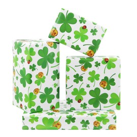 Green Clover Wrapping Paper With Gold Coin Ladybug On White Paper, 4 Sheets Gift Wrap Paper Folded Flat 20x28 Inches Per Sheet for St. Patrick's Day, Wedding, Birthday, Bridal Showers