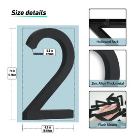 House Numbers for Outside Modern 7 Inch Black Address Numbers for House Floating Metal House Numbers with Nail Kit - Decorative Address Signs for Yard Large Door Number 2