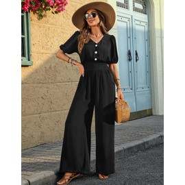 LOOKBOHO Womens Jumpsuits Short Sleeve V Neck Dressy Casual Wide Leg Pants Romper 2025 Summer One Piece Outfits