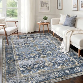 KUTA Vintage 5x7 Area Rugs Blue Beige, Washable Rugs for Living Room Ultra Thin Soft Non-Slip Printed Distressed Tribal Traditional Farmhouse Carpet for Bedroom Dining Room Dorm Office Home