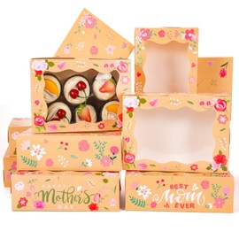 HOWAF Happy Mother's Day kraft paper Cookie Boxes with Transparent Window, Mothers Day Bakery Treat Candy Floral Gift Boxes for for Mothers Day Best Mom ever Birthday Party Supplies-Set of 12