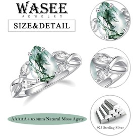 Wasee Natural Moss Agate Ring 925 Sterling Silver Pear Green Moss Agate Engagement Ring Leaf Wedding Promise Ring Jewelry for Women,Ring Size 6