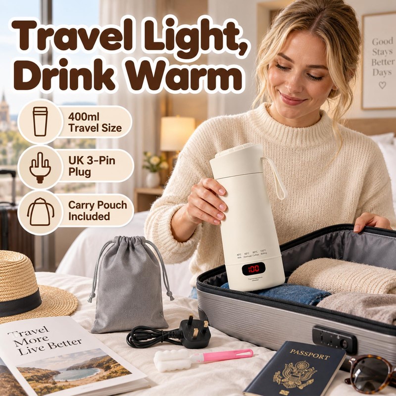 Portable Mini Travel Kettle 400ml with Keep Warm Function, Cream