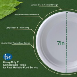FSE 100% Compostable Round Paper Plates, 7 Inch, Heavy Duty Disposable Plates, Eco-Friendly Unbleached Bagasse, Microwave Safe, (Pack of 125)