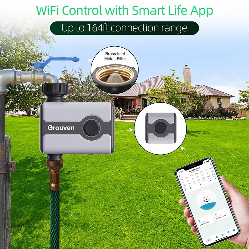 Grouven WiFi Water Timer Brass Inlet Sprinkler Timer for Garden